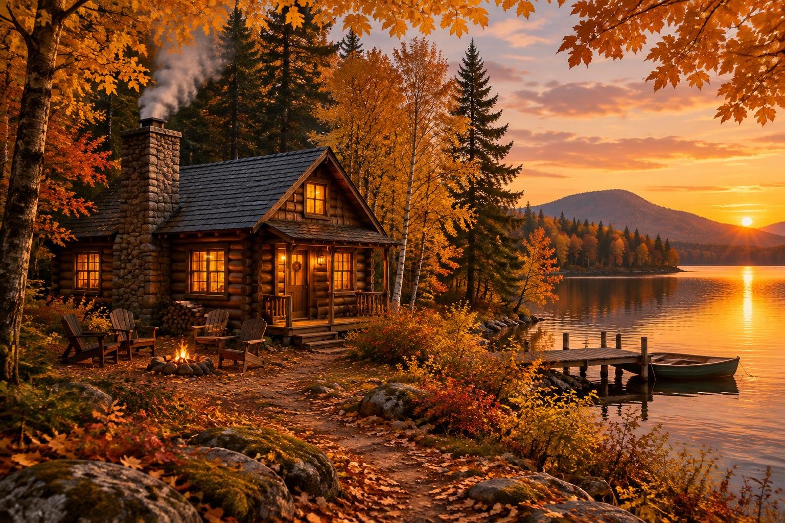 A log cabin with a smoking chimney beside a lake surrounded by autumn trees at sunset