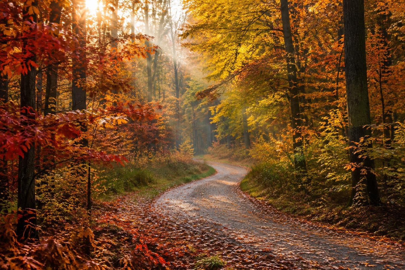 A winding path through a forest of red, orange and yellow autumn trees