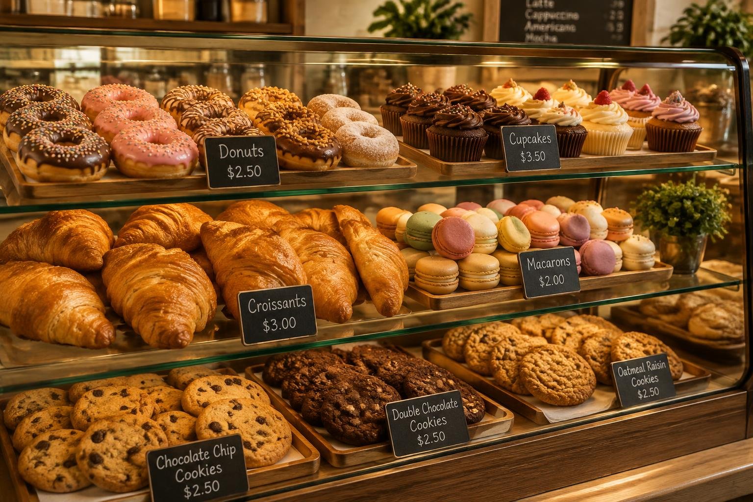 A bakery case filled with donuts, cupcakes, croissants, macarons and cookies
