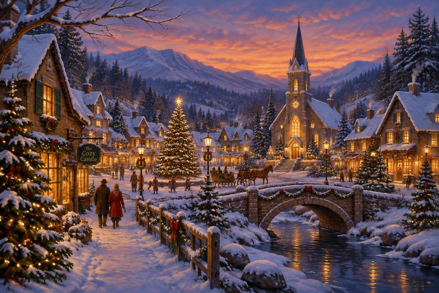 A snowy village at dusk with a Christmas tree, church, sleigh and glowing windows