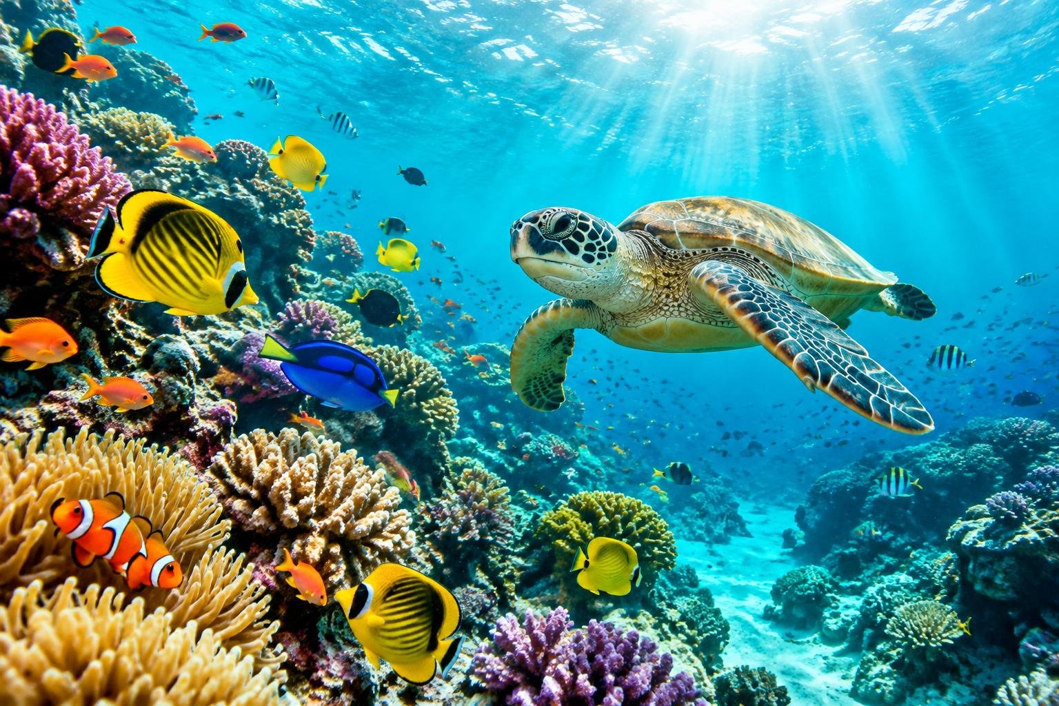 A sea turtle swimming over a colorful coral reef with tropical fish