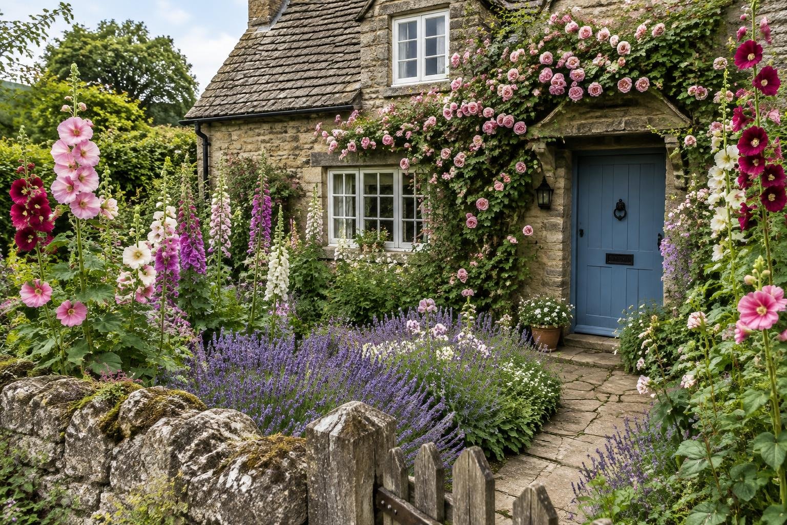 A stone cottage with a blue door surrounded by roses, hollyhocks and lavender
