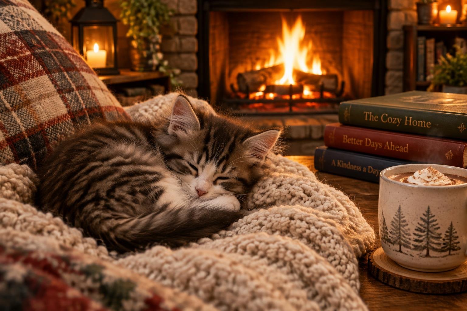 A fluffy kitten asleep on a knitted blanket by a fireplace with books and cocoa