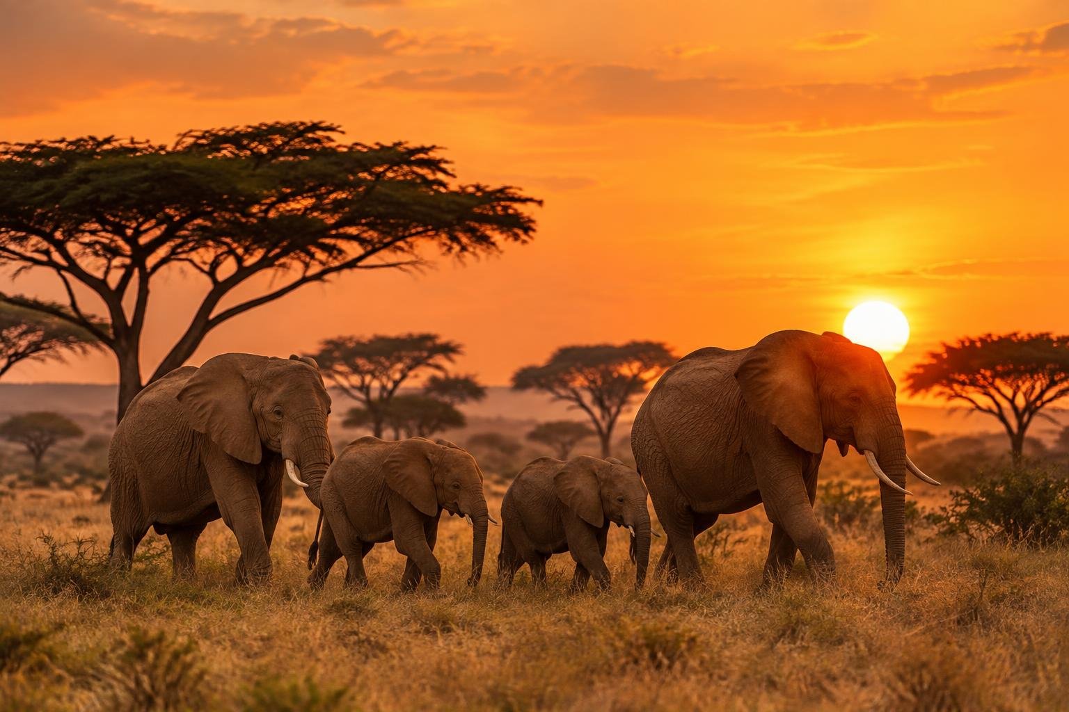 A family of four elephants walking across the savanna under an orange sunset