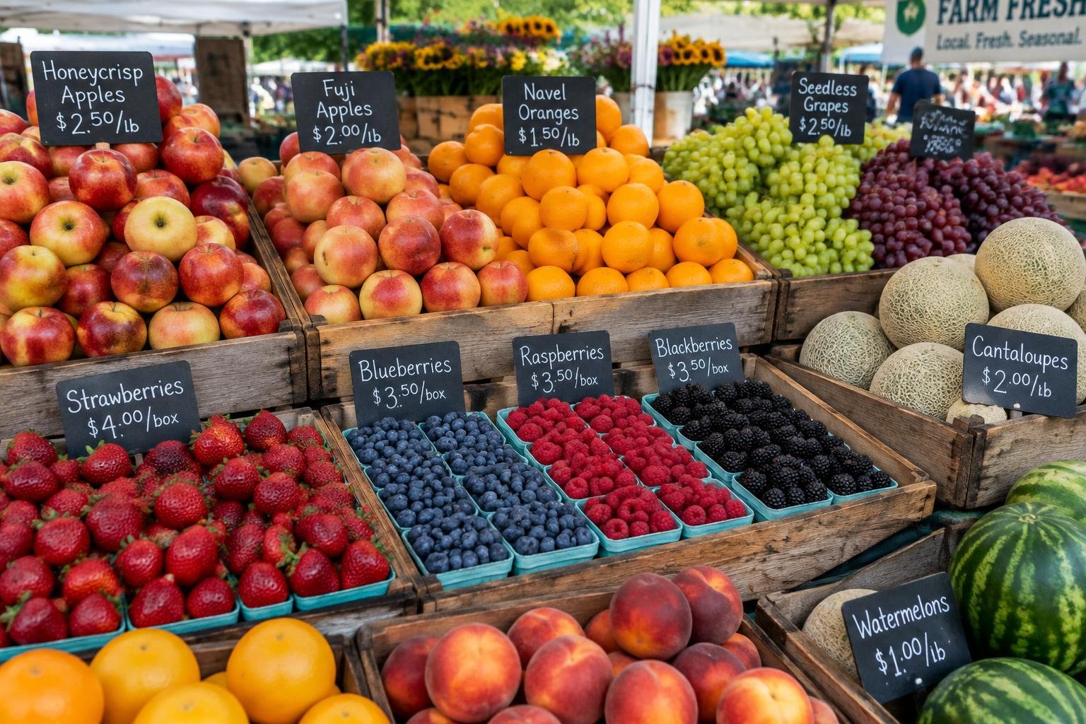 Wooden crates of apples, oranges, berries, grapes and melons at a market