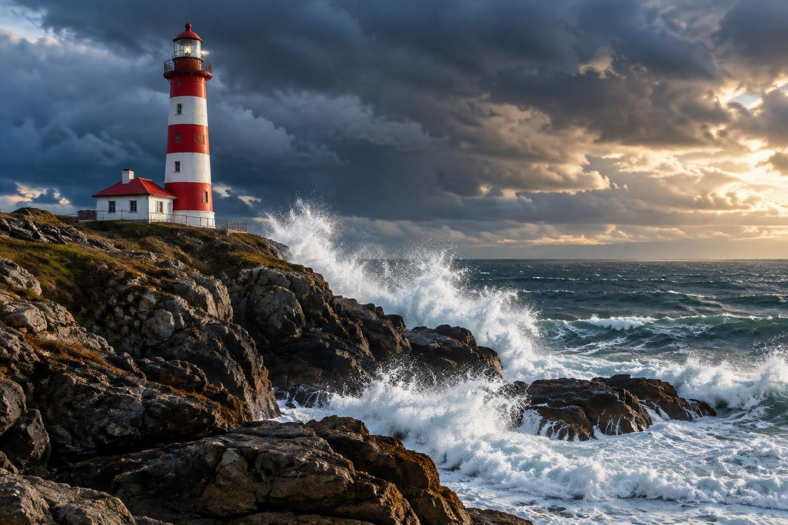 A red and white lighthouse on a rocky cliff with waves crashing below