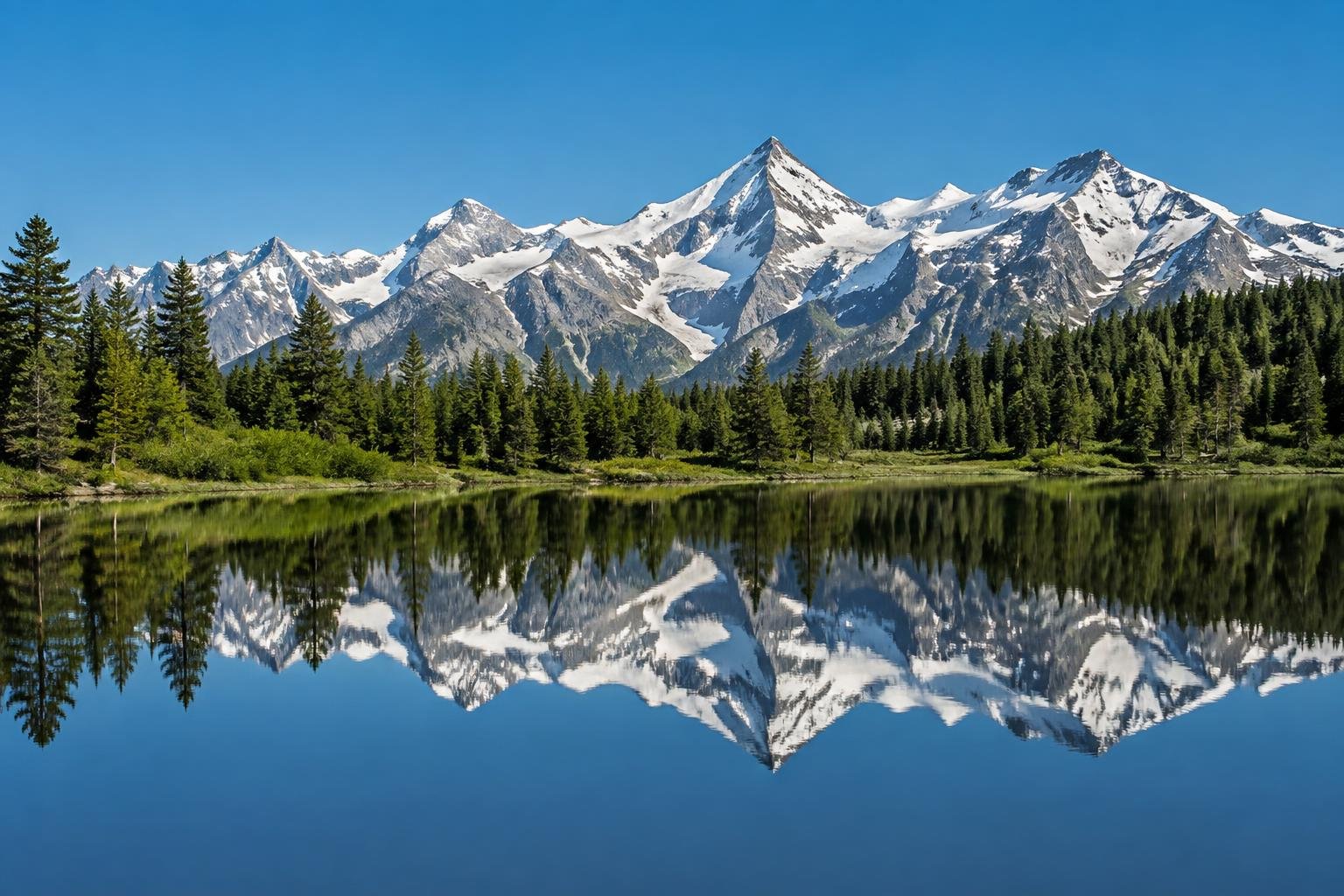 Snowy mountain peaks and pine trees reflected in a still blue lake