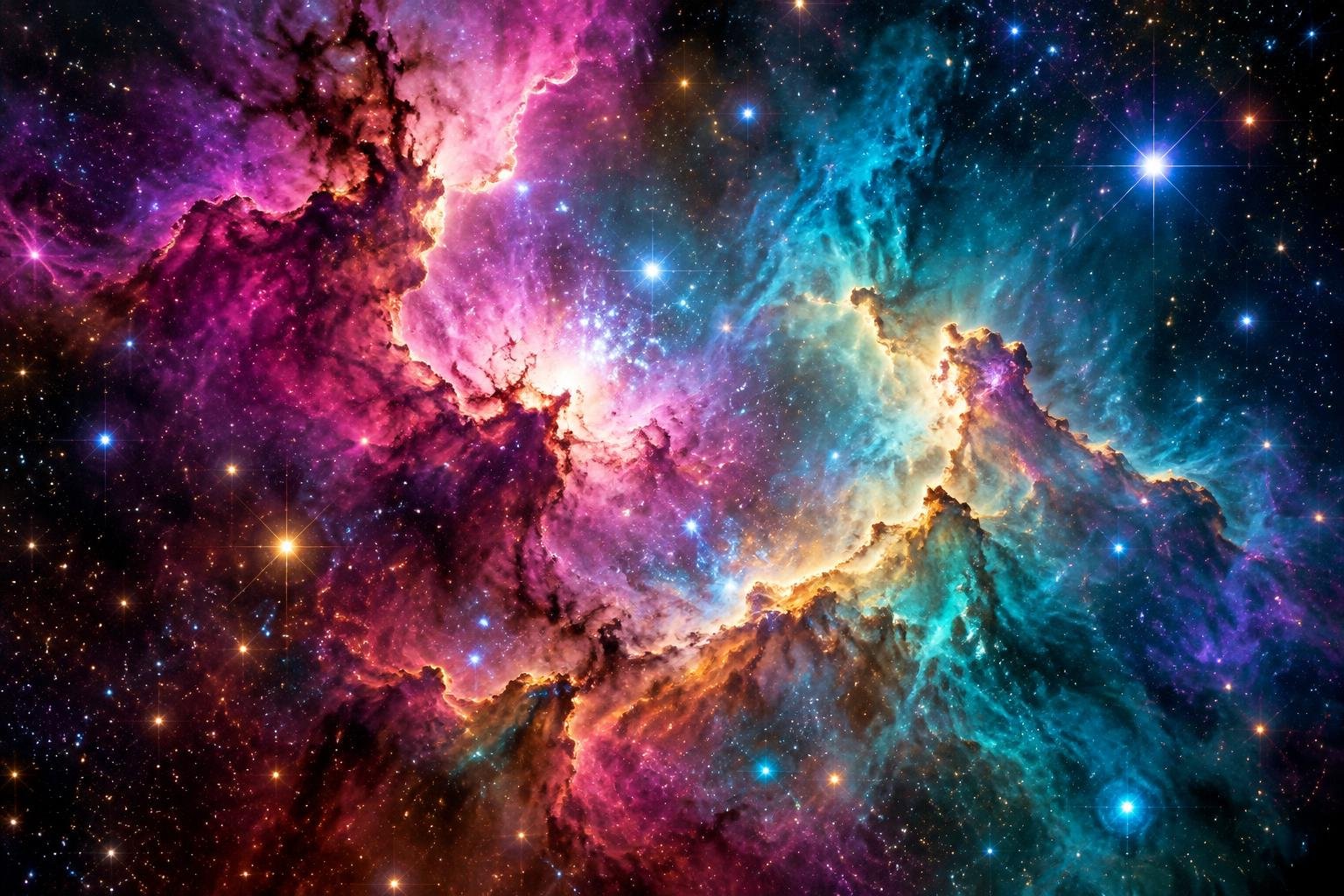 A glowing pink, purple and teal nebula filled with bright stars
