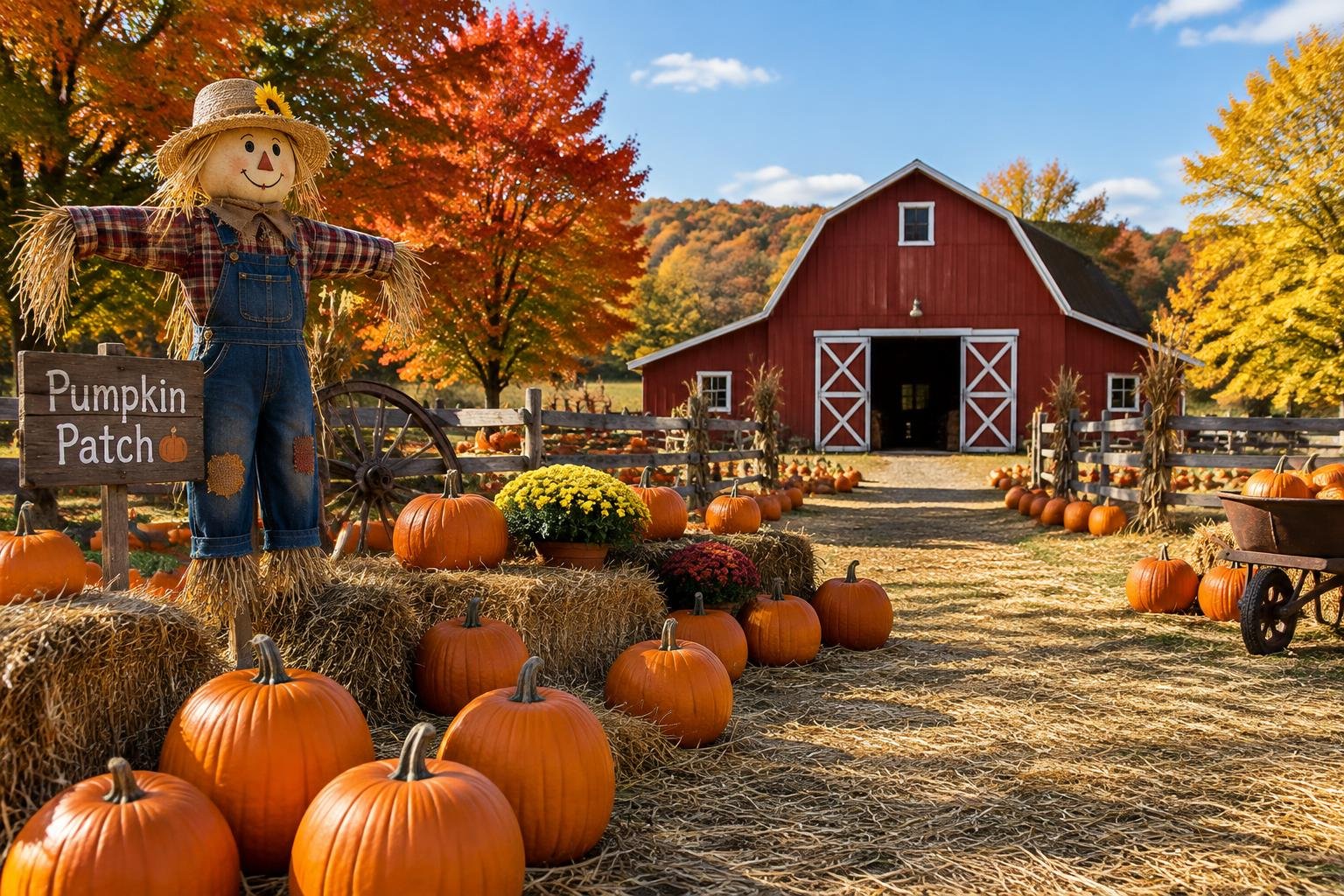 Orange pumpkins and hay bales with a scarecrow in front of a red barn
