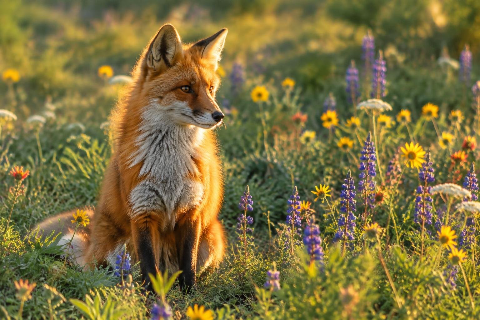 A red fox sitting in a sunny meadow full of yellow and purple wildflowers