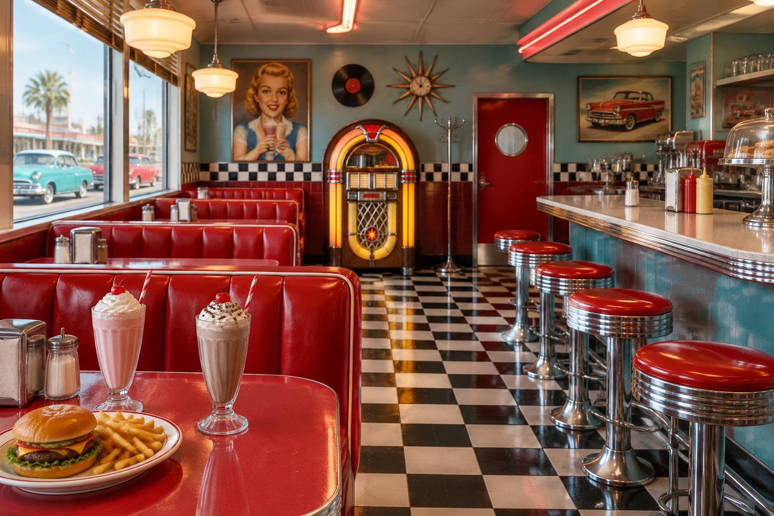 A 1950s diner with red booths, a checkered floor, a jukebox and milkshakes