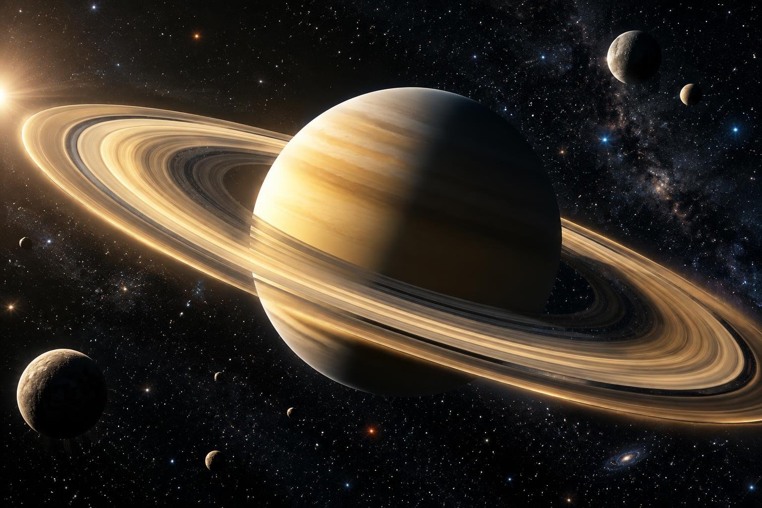 The planet Saturn with golden rings surrounded by moons and stars