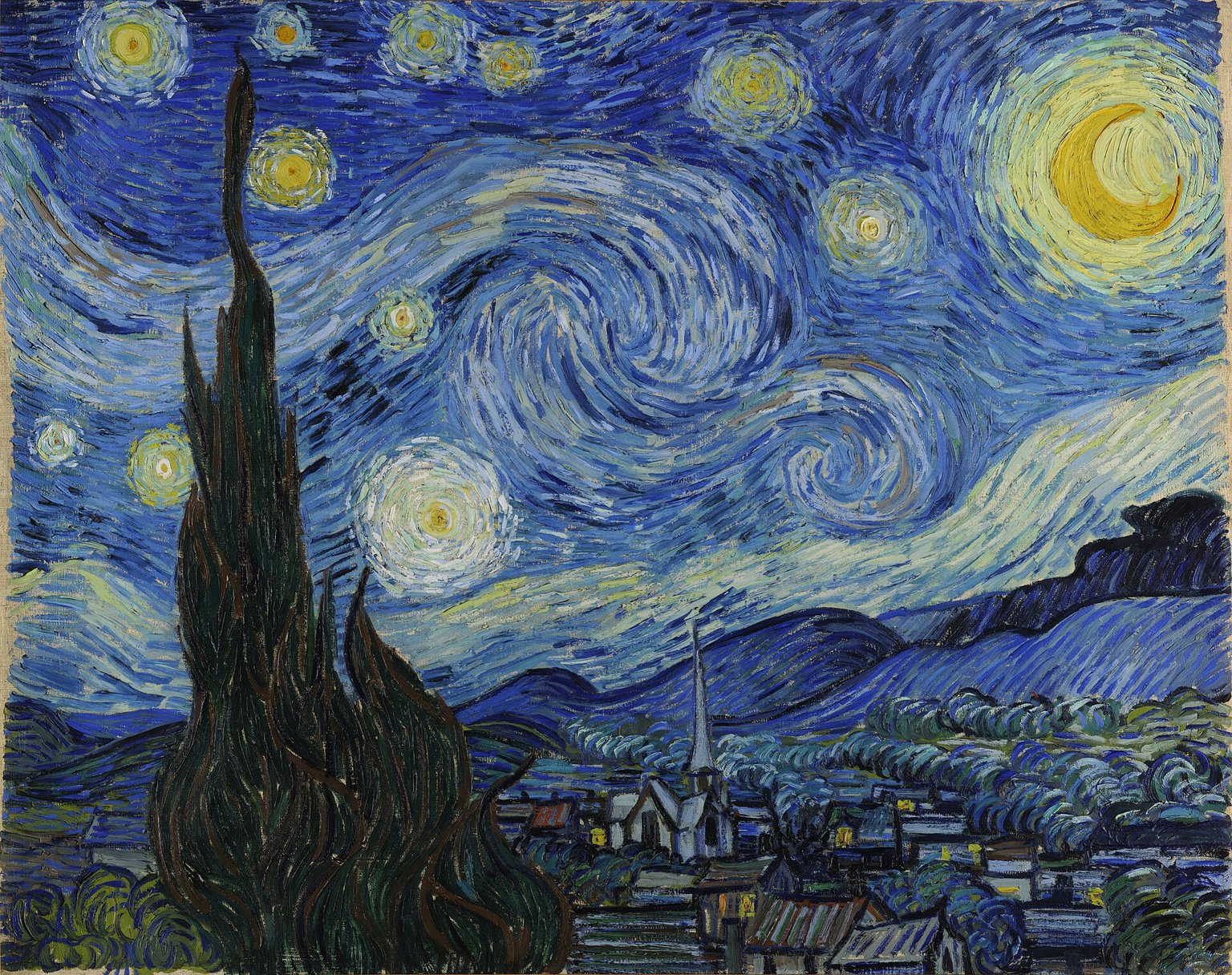 Van Gogh's painting of a swirling blue night sky over a village with a cypress tree