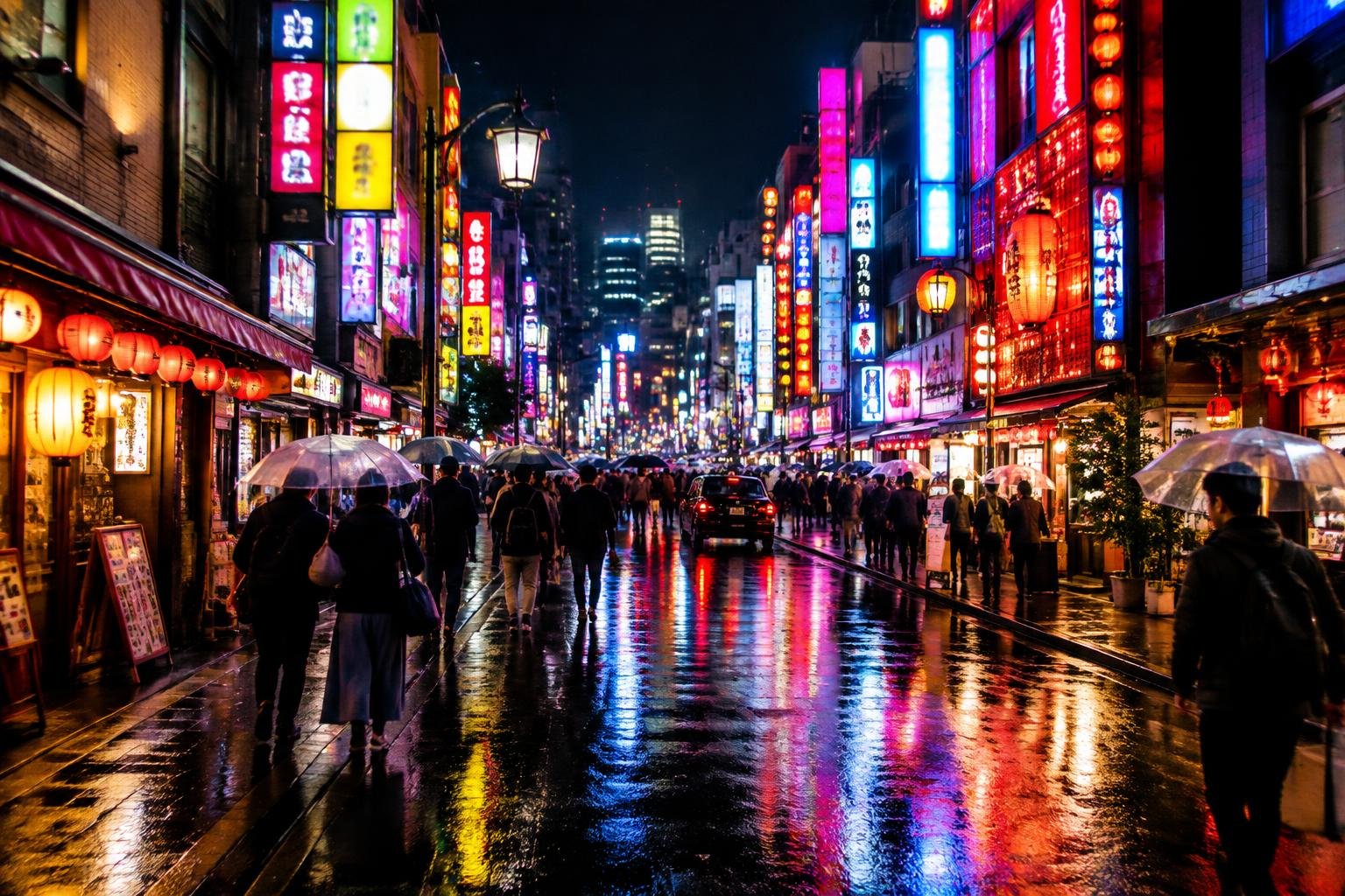 A rainy Tokyo street at night glowing with neon signs and lanterns