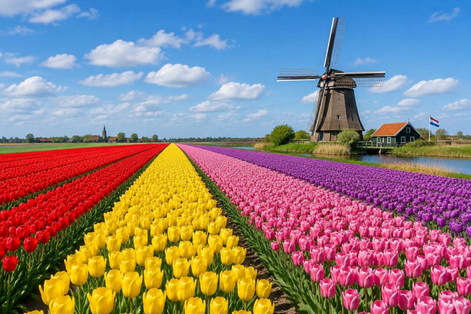 Rows of red, yellow, pink and purple tulips with a Dutch windmill