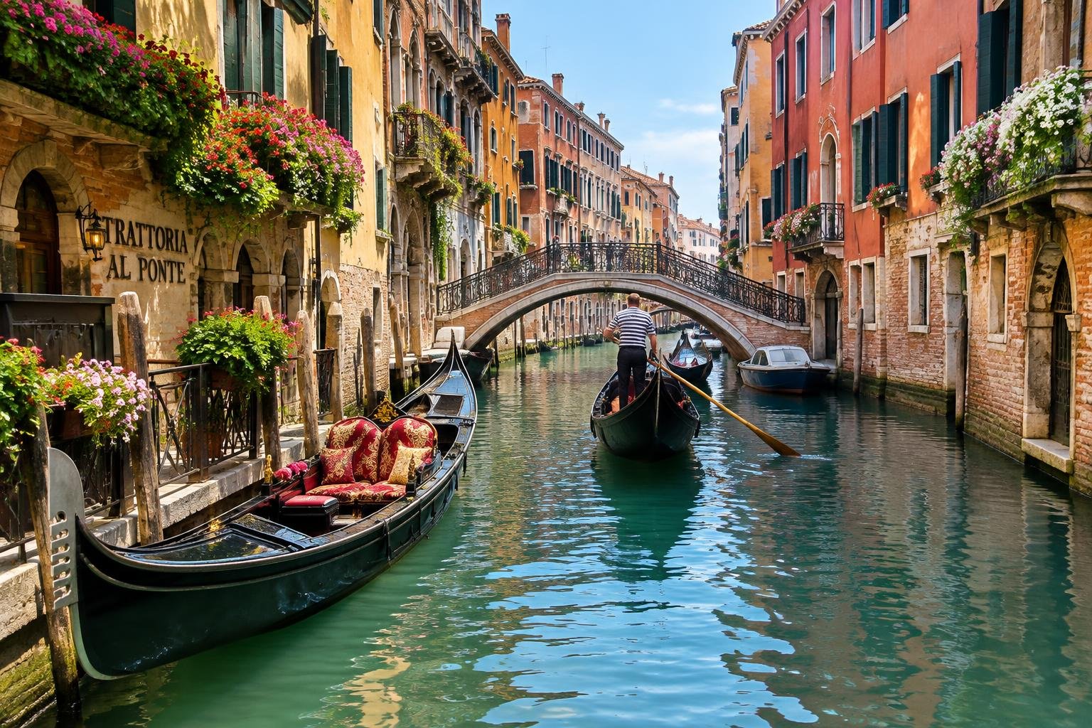 Gondolas on a green Venice canal lined with colorful buildings and a bridge