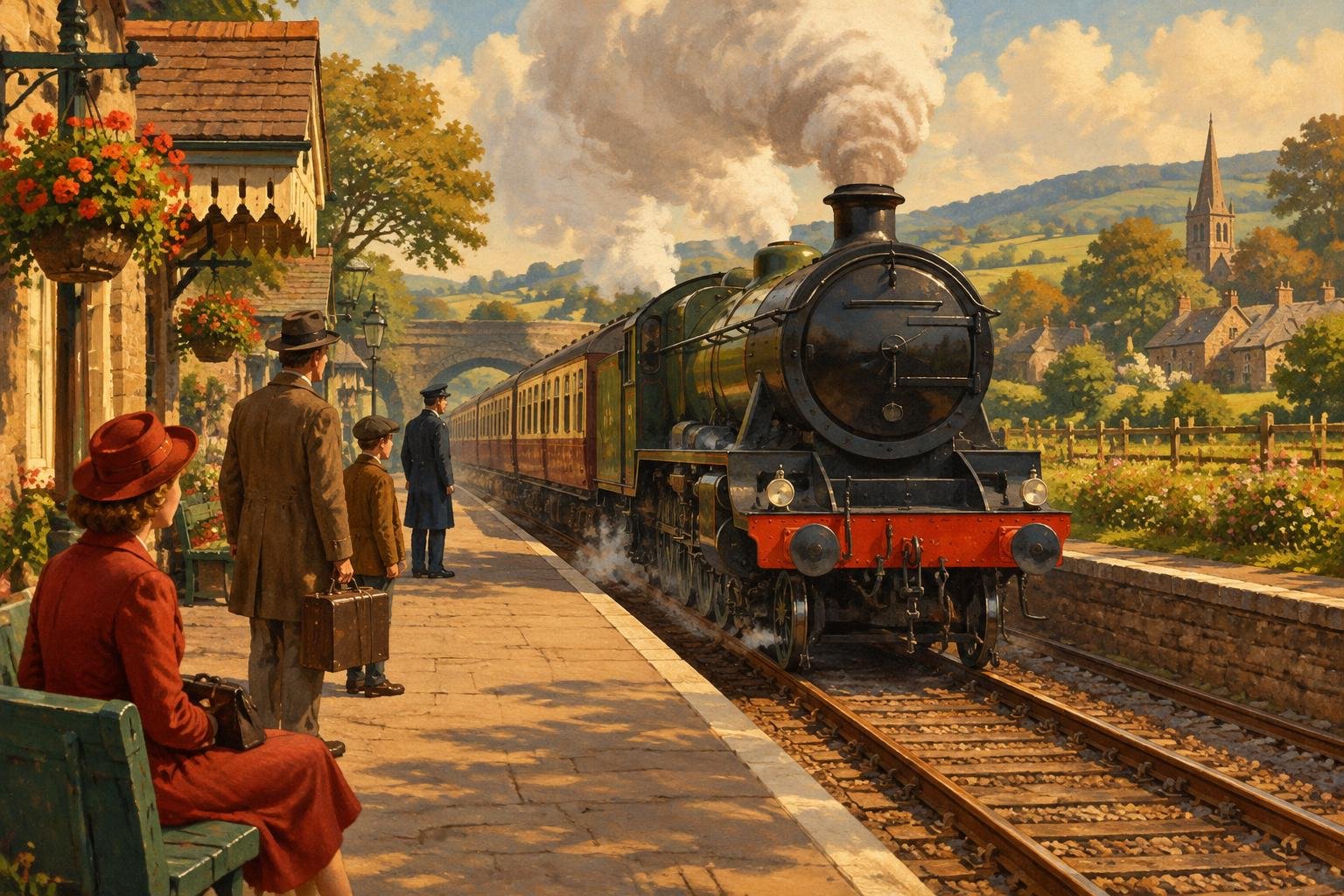 A green steam train arriving at a countryside station with travelers on the platform