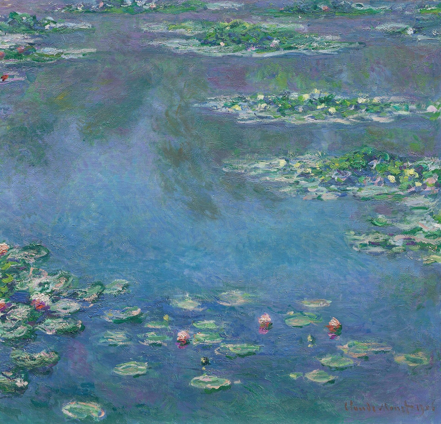 Monet's painting of water lilies floating on a pond in soft blues, greens and pinks